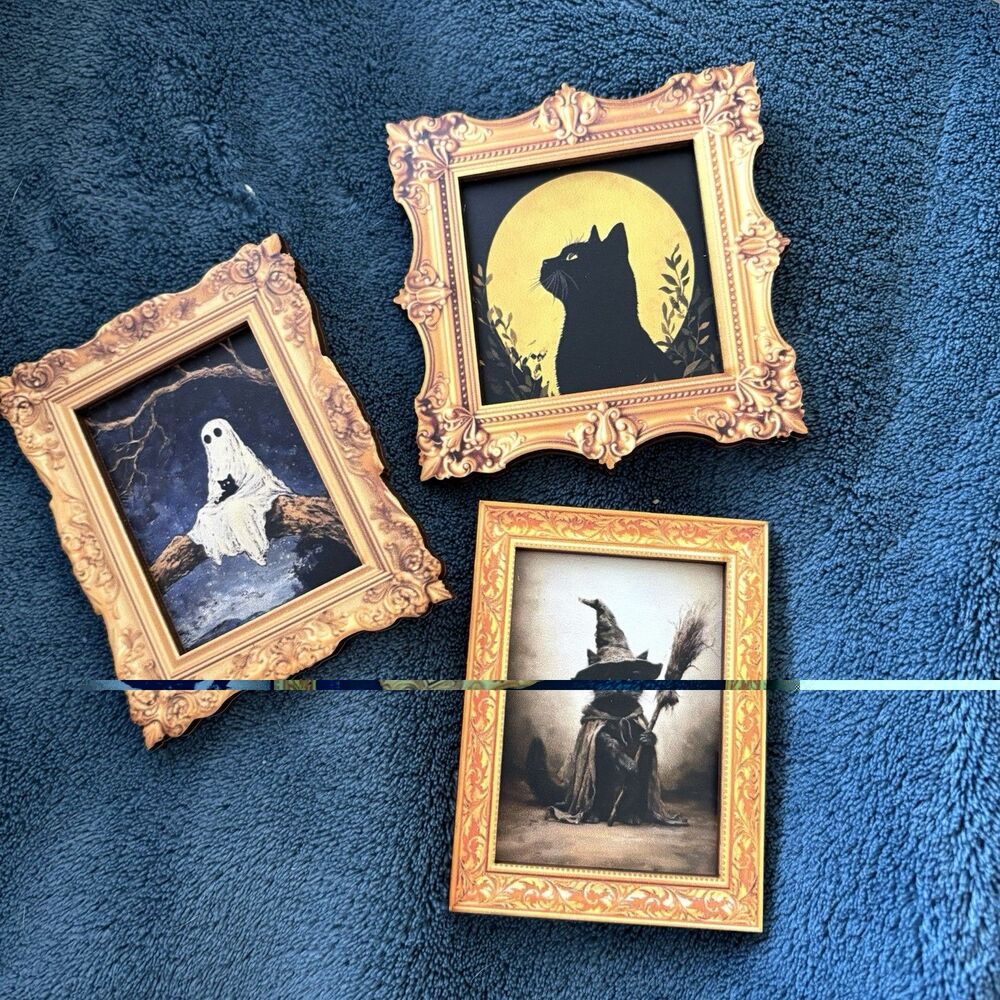 Black Cat Ghost Halloween Refrigerator Magnets (3) 2D Frames Cat Lover Gift